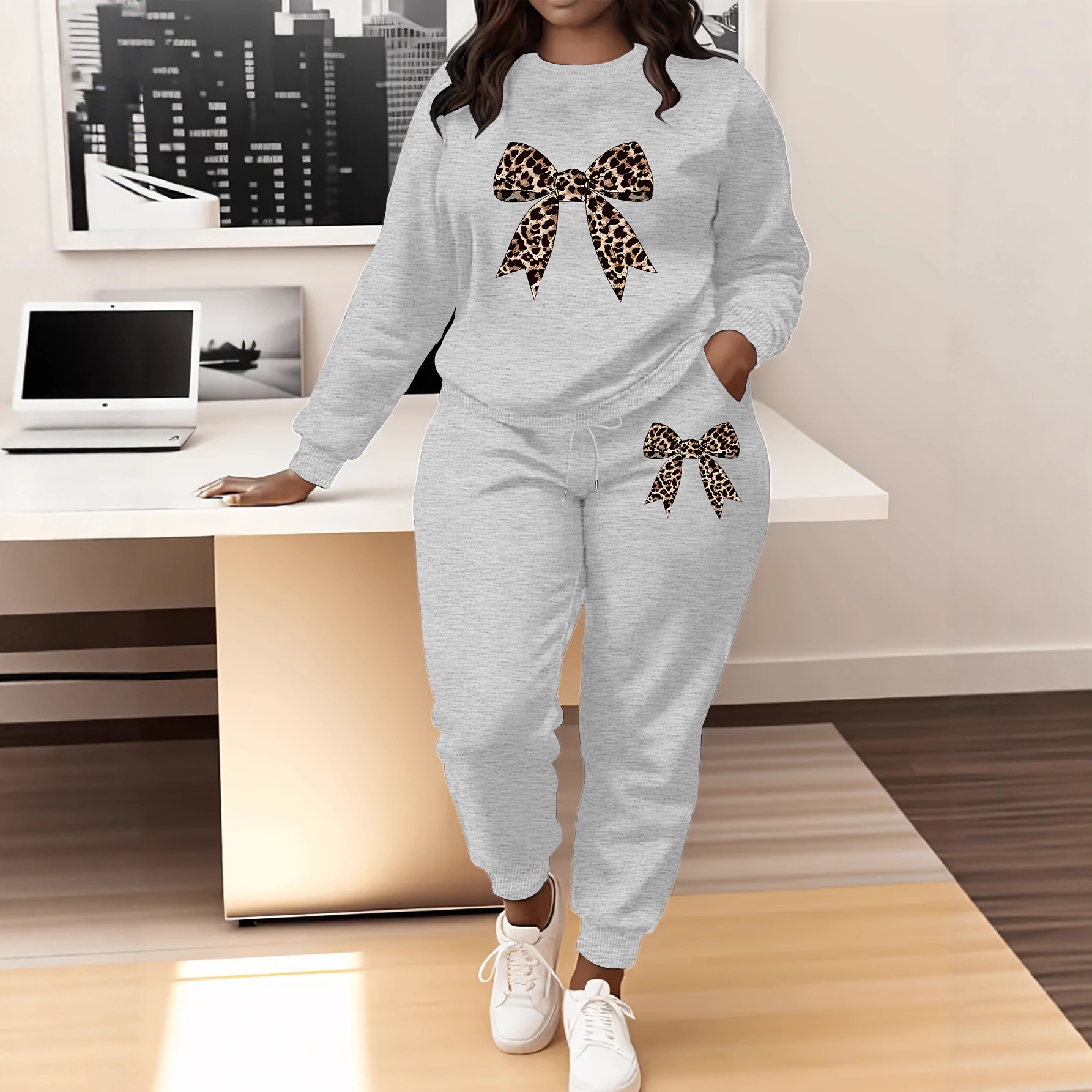 Fashionable Leopard-Print Bow-Knot Long-Sleeve Crew-Neck Sweater And Sweatpants Set