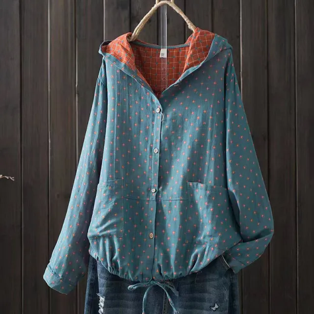 New Korean style Oversized Artistic Retro Casual Plaid Cotton linen Double layer Shirt With A Hood Color14 Free Size - Shop at LoveMi