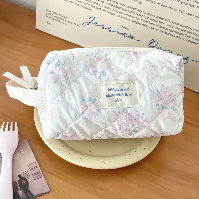 Navy Floral Clutch Cosmetic Bag Korean Style Cute Girl Heart Kitty Storage Bag Sewing Thread Cotton Bag Navy - Shop at LoveMi