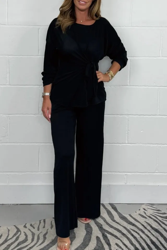 Europe And America Cross Border Fall Women's Clothing Solid Color Casual Fashion Lace up Long Sleeve Top And Trousers Suit Black - Shop at LoveMi