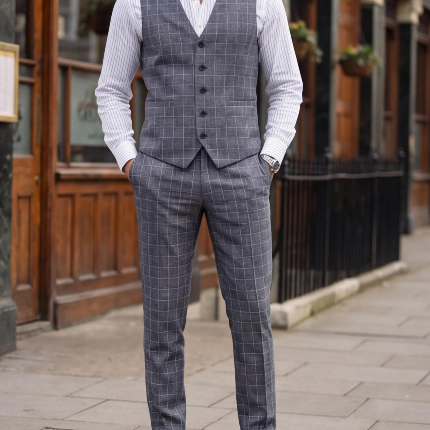 Mens Light Business Plaid Waistcoat And Dress Pants Two-Piece Suit 2