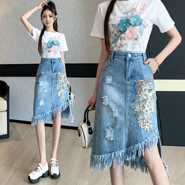 Ripped Flower Asymmetric Skirt Mid length Blue - Shop at LoveMi