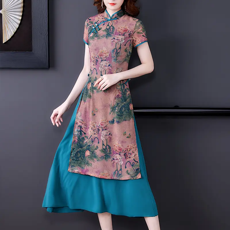 Chinese Style Graceful And Fashionable Slim-fit Silk-like Cheongsam Dress