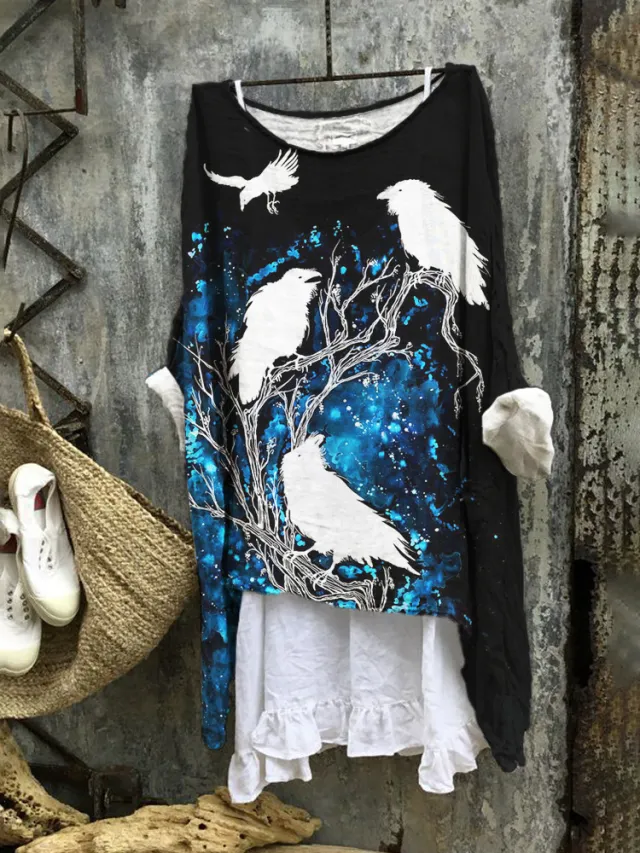 Loose Print Crew Neck Casual Plus Size Women's T shirt Black - Shop at LoveMi