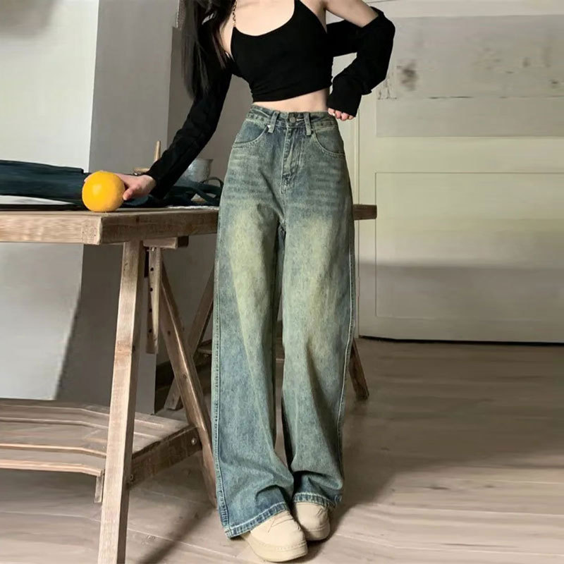 Casual Nostalgic Retro Mop Loose Straight Jeans Vintage Blue - Shop at LoveMi