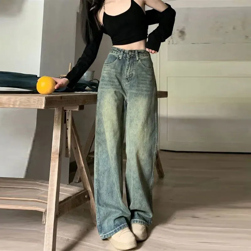 Casual Nostalgic Retro Mop Loose Straight Jeans - Vintage Blue
