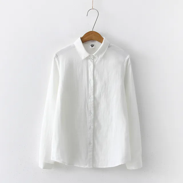 Double layer Cotton Yarn Pure Color Skin friendly Long sleeved Shirt White - Shop at LoveMi