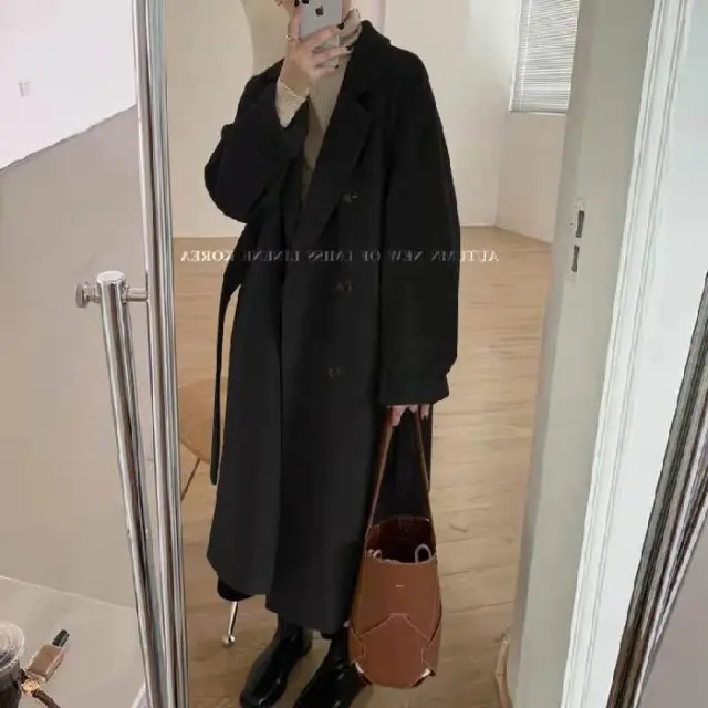 Women's Wool Coat Mid length Loose Thicken Autumn Winter New Style Overcoat Black - Shop at LoveMi