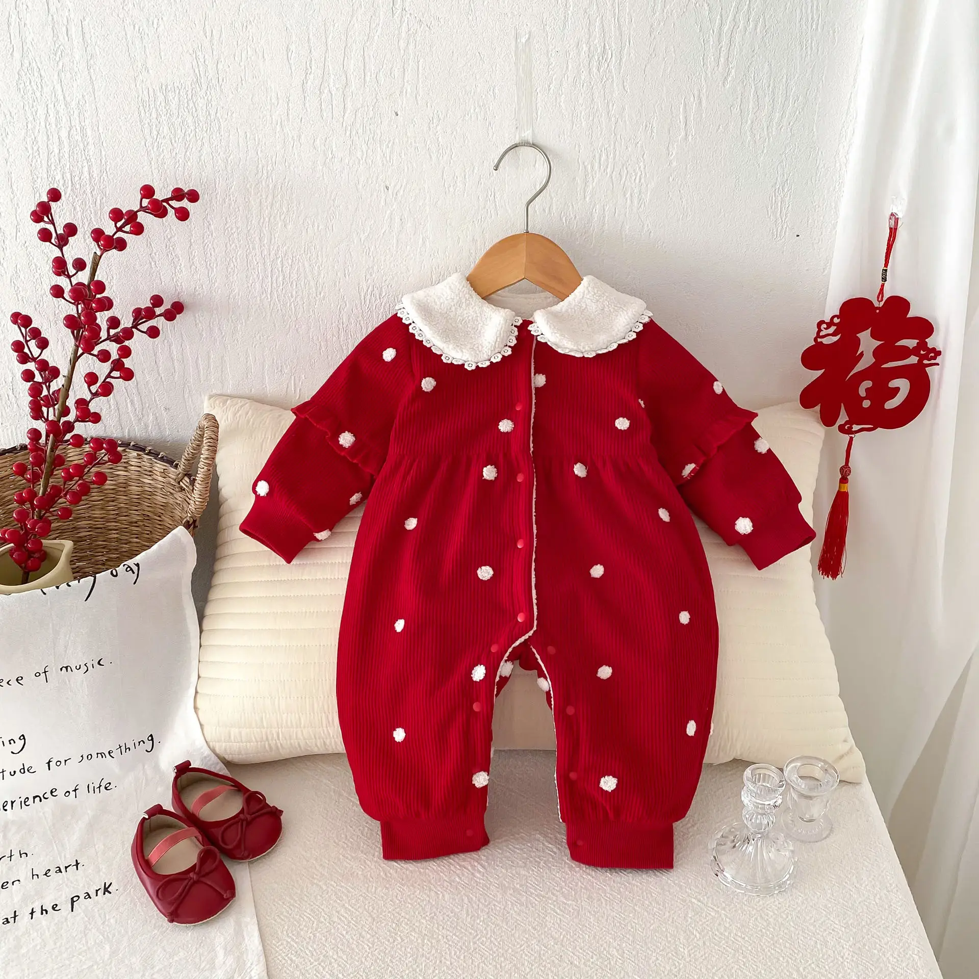 Fleece-lined Warm Red Polka Dot Baby Winter Clothes Jumpsuit Thickened