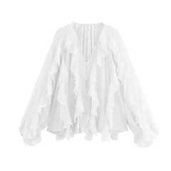 Women's Laminated Fashion V-neck Long Sleeve Shirt - White - View 1