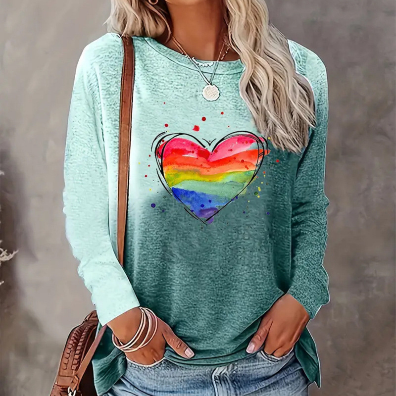 Gradient Color Long Sleeve Loose Fitting Casual Top With A Round Neck And A Heart Print