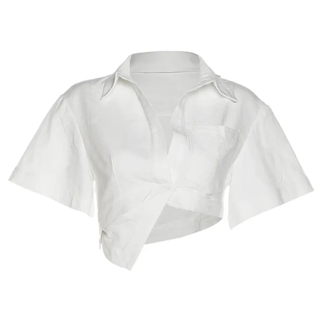 Summer New Women's Clothing Fashion Solid Color Navel Lapel Low cut Short Sleeve Irregular Top White - Shop at LoveMi