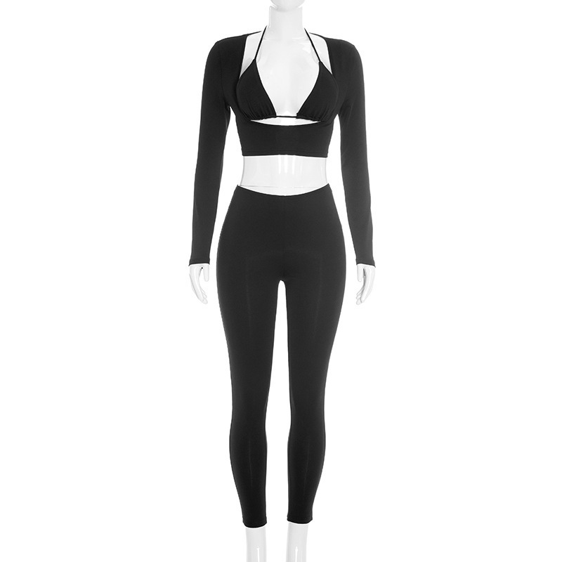 Low-neck Long-sleeve Top And Tight-fitting Trousers Three-piece Set — photo 1