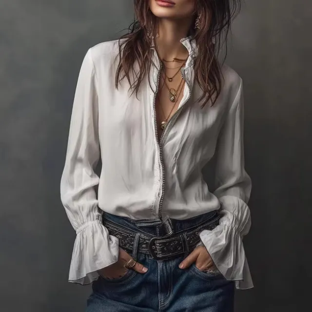 Womens Long sleeve Zip up Crew neck Blouse White - Shop at LoveMi