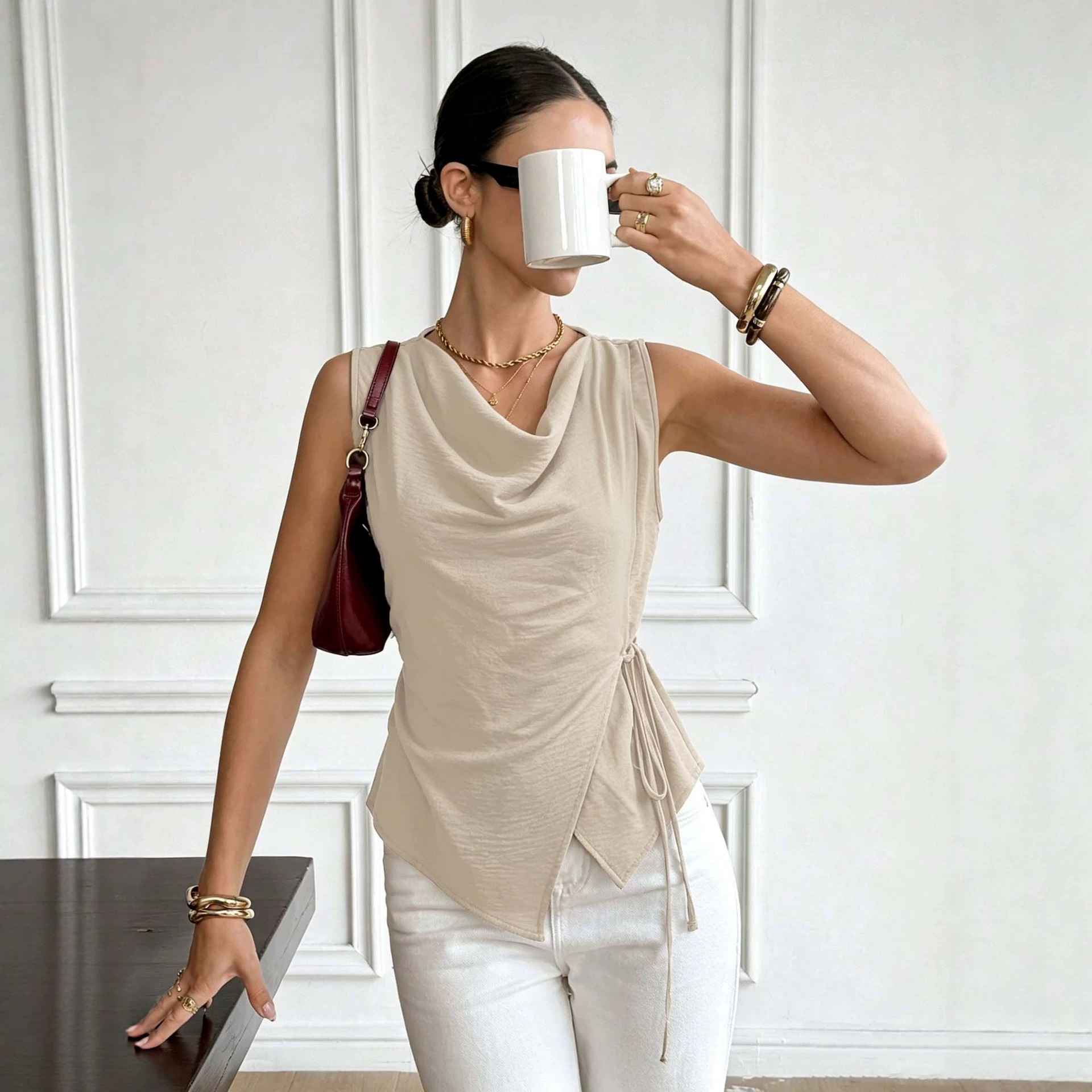 Khaki Sleeveless Top with Scoop Neck