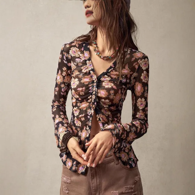 European And American Printed Shirt Women's Slim Fit Slimming Retro Temperament Black - Shop at LoveMi