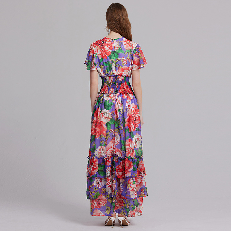 Printed V-Neck Flounce-Sleeve Maxi Dress