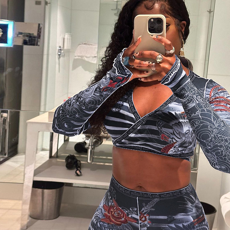 European And American Sexy Low Cut Lace-up Long Sleeve Cardigan Fashion Striped Trousers Suit