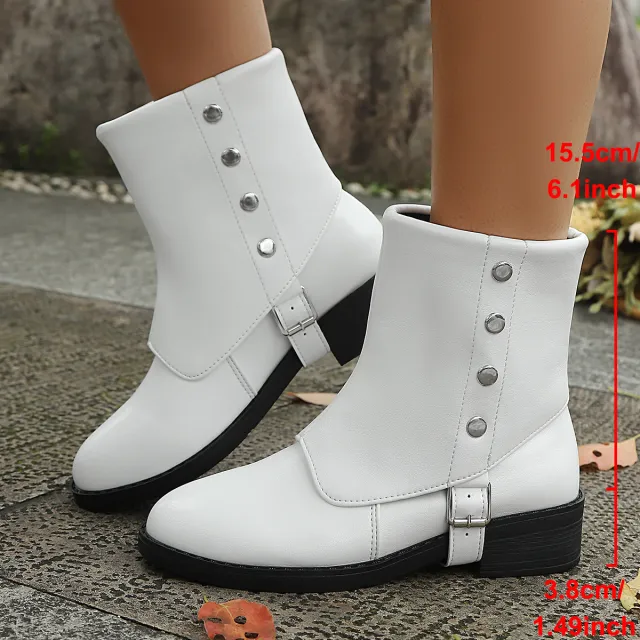 Belt Buckle Low Heel Knee high Boots Plus Size Women's Boots White - Shop at LoveMi