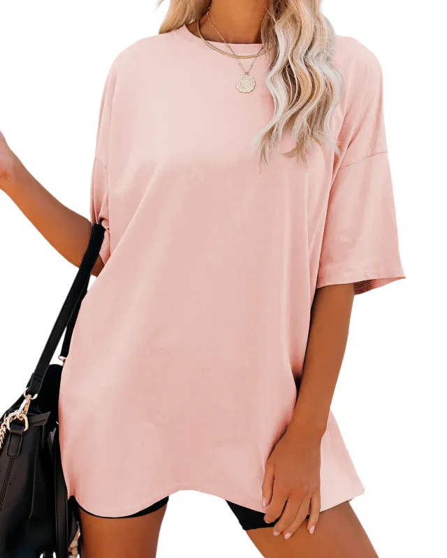 Solid Color Loose Women's T shirt Fashion Round Neck Plus Size Short Sleeve Flesh Pink - Shop at LoveMi