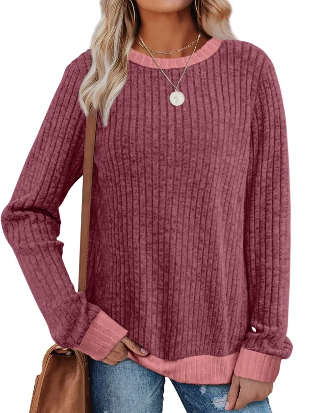 Color Matching Casual Round Neck Pullover Long Sleeve Top Rouge Color - Shop at LoveMi