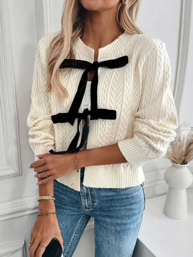 Knitted Cardigan Women's Lace up Twist Simple Sweater Ivory White - Shop at LoveMi