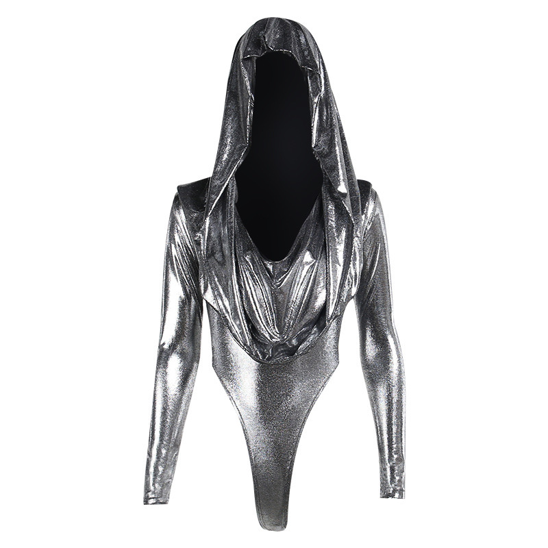 Slim-fit Shiny Hooded Long-sleeved Jumpsuit For Women