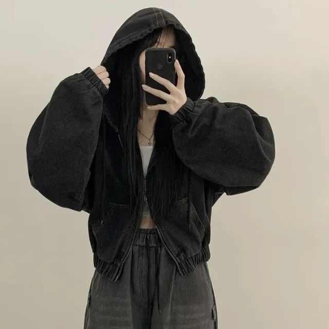 Retro Elegant Zipper All matching Loose Casual Long Sleeve Hooded Short Denim Coat For Women Black - Shop at LoveMi