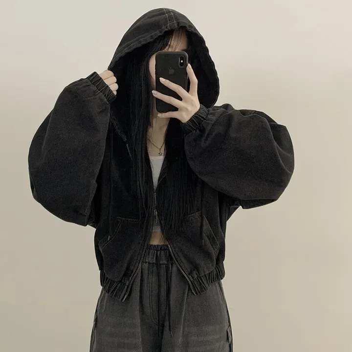 Retro Elegant Zipper All-matching Loose Casual Long Sleeve Hooded Short Denim Coat For Women - Black