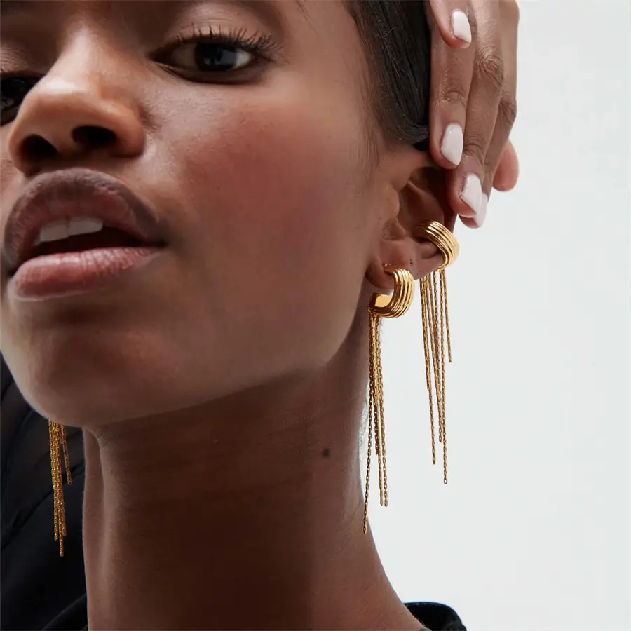 Golden Striped Long Tassel S925 Sterling Silver Stud Earrings