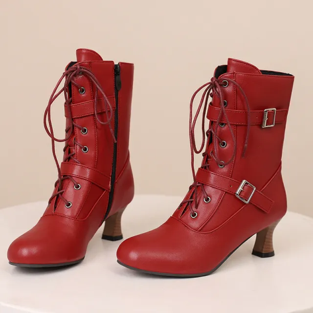 Comfortable Mid Heel Burnt Flower 40 50 Plus Size All match Lace up Low Tube Women's Boots Red - Shop at LoveMi