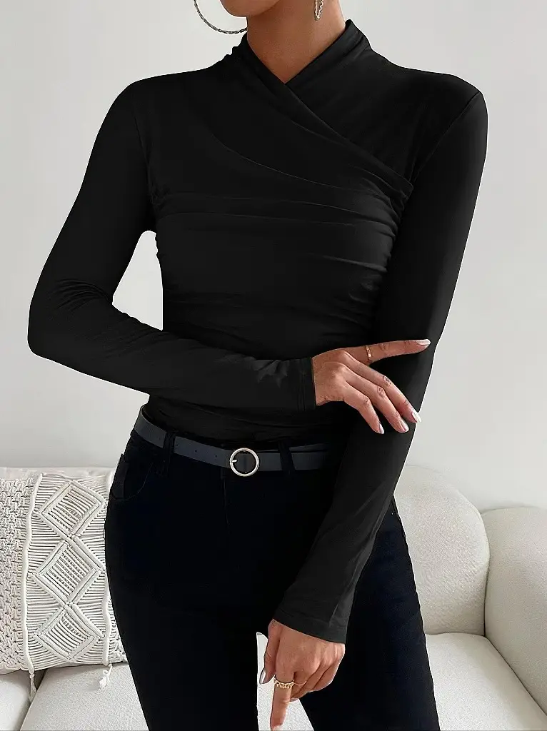 Design Cross Collar Slim Fit All-match Pleating Long Sleeve