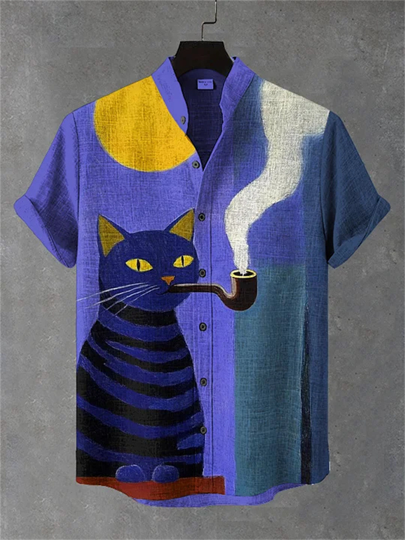 Mens Printed Short-Sleeve Stand-Up Collar Top