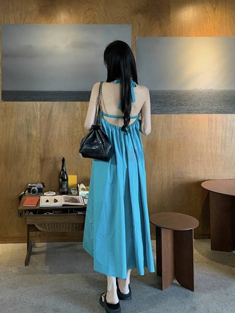 Sanya Beach Vacation Style Sexy Backless Halter Dress Blue - Shop at LoveMi