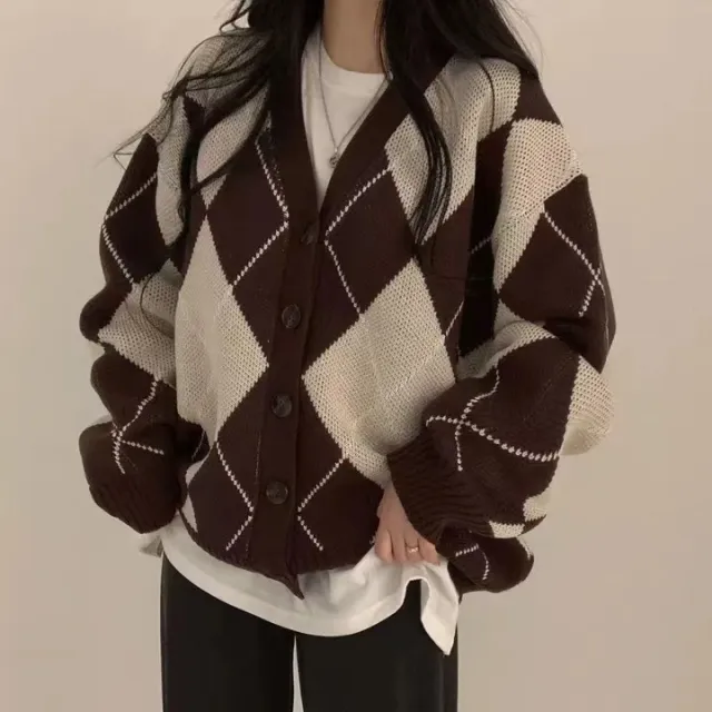 College Style Rhombus Contrast Color Loose V neck Knitted Cardigan Brown - Shop at LoveMi