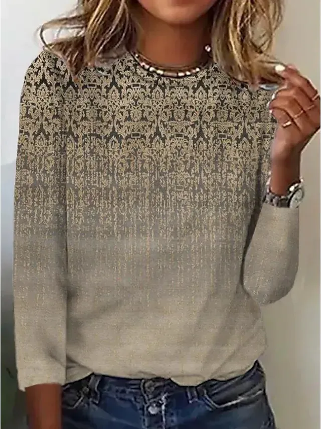 Women's Round Neck T shirt Casual Dotted Printed Long Sleeve Brown - Shop at LoveMi