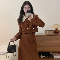 Corduroy Two-piece Set Autumn And Winter Plus Size - Coffee - View 1
