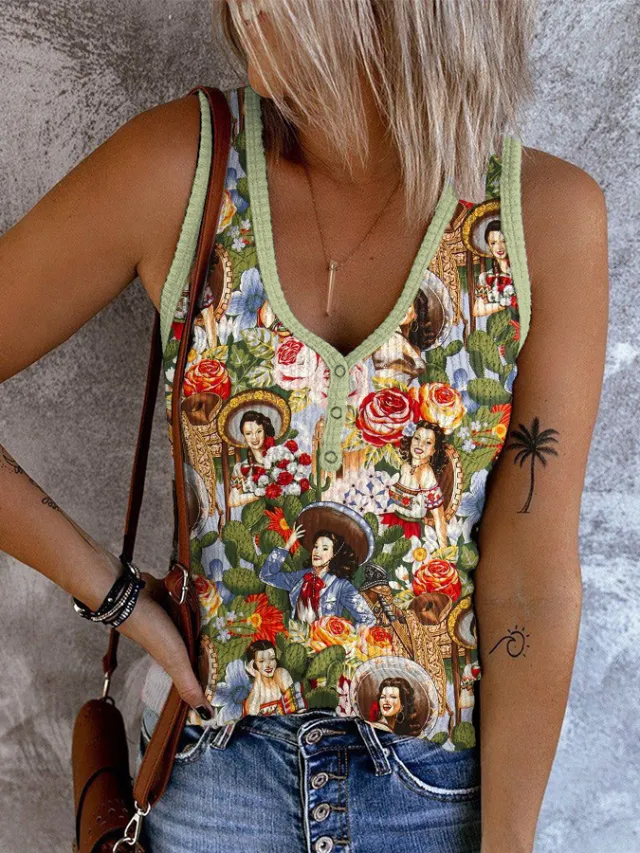Women's Clothing Abstract Printing Casual V neck Women's Sleeveless Vest Kkwvs181126Grn 3Xl - Shop at LoveMi