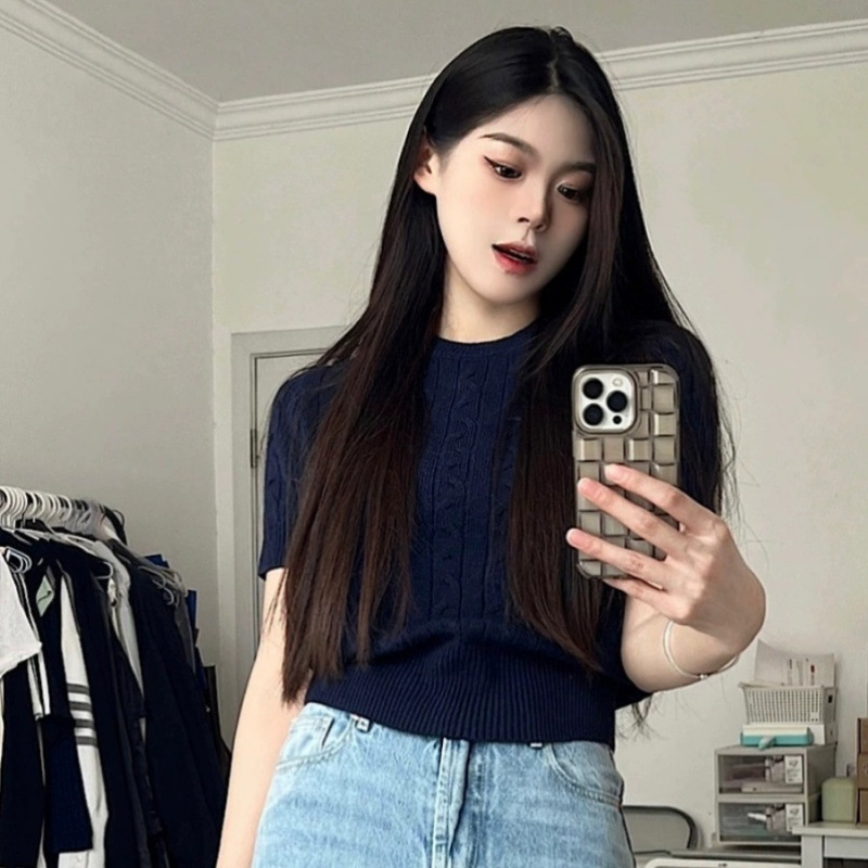 Retro Cable-Knit Crew-Neck Short-Sleeve Knit T-Shirt For Summer