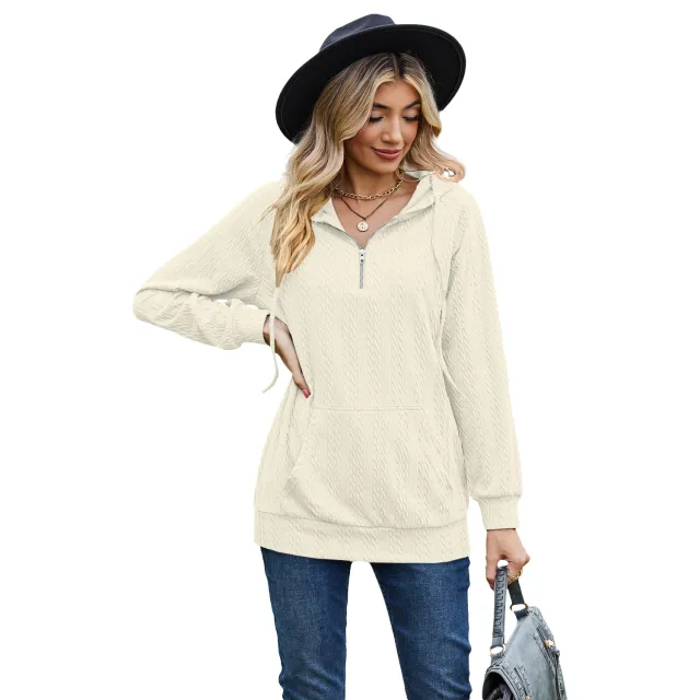 Women's Fashion Solid Color Hooded Zipper Loose Long Sleeve Sweatershirt Apricot - Shop at LoveMi