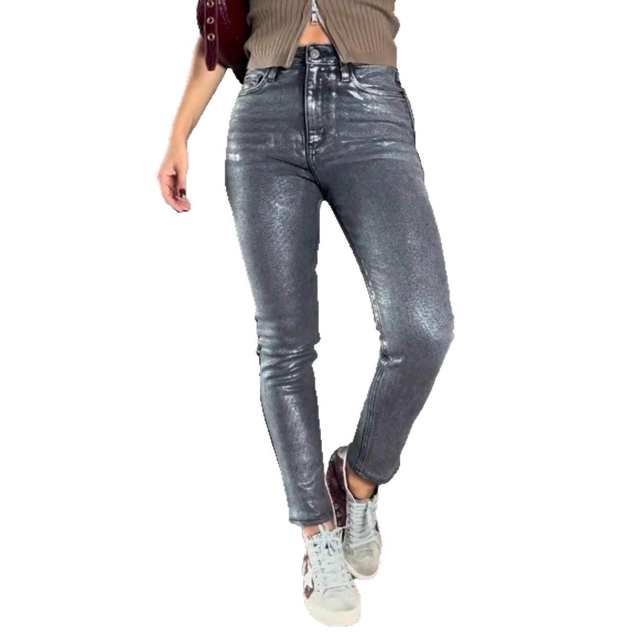 Womens Gold- And Silver-Stamping Stretch Skinny Jeans