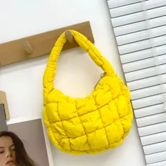 Women's Fashionable Pleated Puff Cloud Plaid Handbag - Yellow - View 1