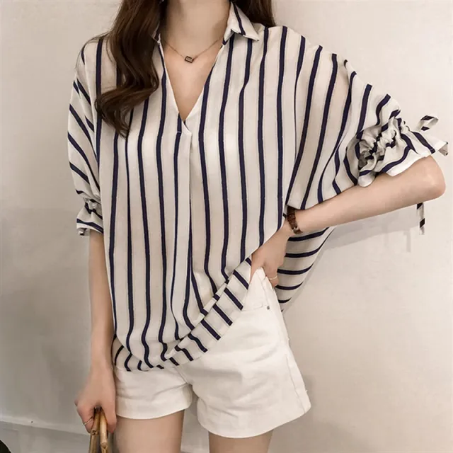 Lace up Three quarter Sleeve Striped Shirt For Women Dark Blue - Shop at LoveMi