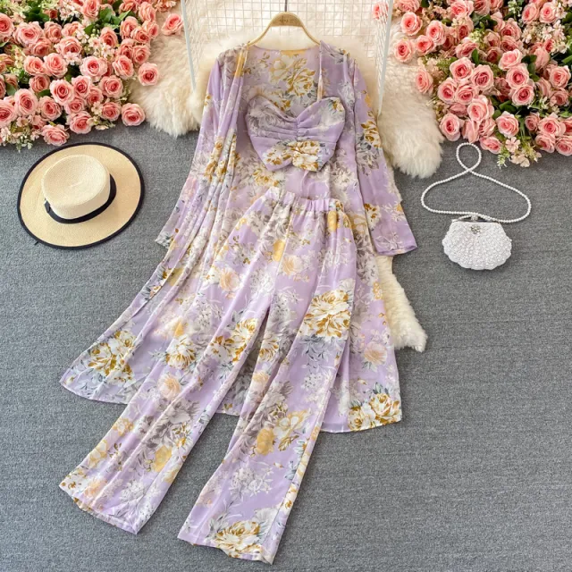 Mid length Floral Chiffon Cardigan Three piece Set Tube Top Short Type Floral - Shop at LoveMi