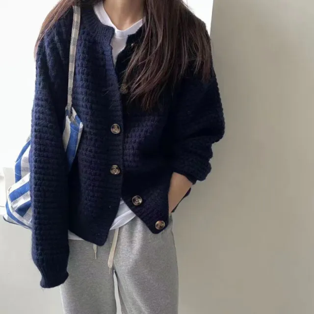 Pineapple Pattern Loose Single breasted Sweater Coat For Women Navy Blue - Shop at LoveMi