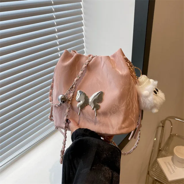 Chain Small Bag Female Butterfly Crossbody Single Shoulder Bucket Bag Pink - Shop at LoveMi