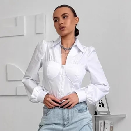 Women's Lapel Puff Sleeve Shirt Short Top White - Shop at LoveMi