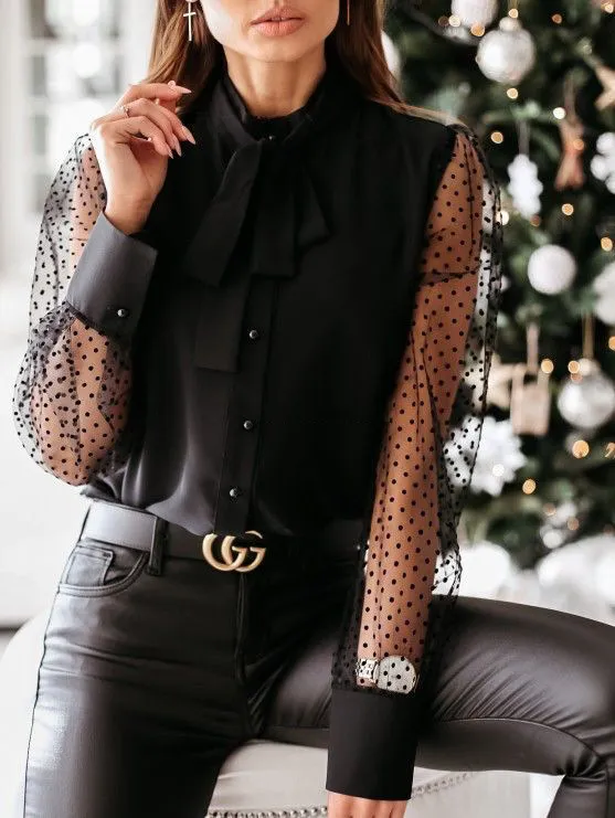 Mesh Stitching Button Bowknot Shirt Black - Shop at LoveMi