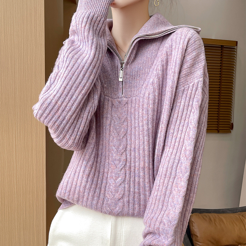 Loose-fitting Casual Wool Knit Bottoming Shirt With A Zipper