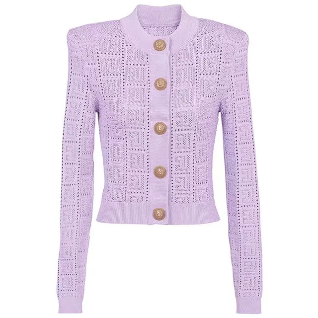 Long Sleeve Short Round Neck Hollow Out Knitwear Dress Vest Shorts Purple Coat - Shop at LoveMi